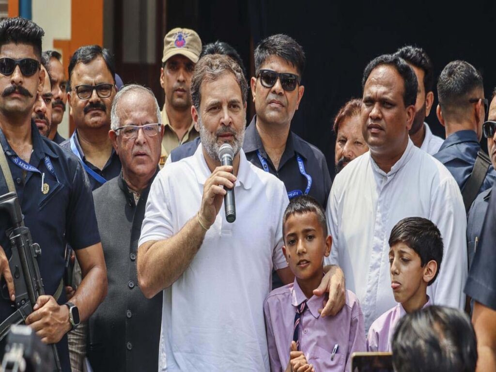 Congress leader and LoP in Lok Sabha Rahul Gandhi interacts with students during a visit to a school, in Poonch, Jammu and Kashmir